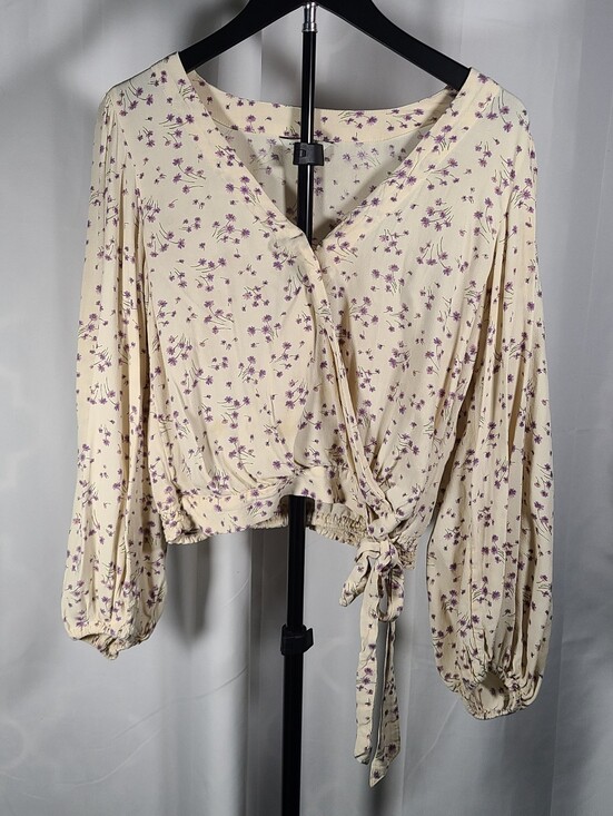 American Eagle Outfitters Tops - American Eagle Outfitters Cream Floral Wrap Blouse with Purple Print